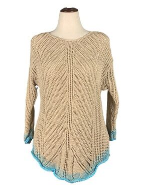Coldwater Creek Beige Open-Knit Crochet Sweater Turquoise Hem Coastal Small